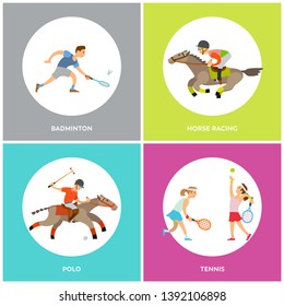 Badminton and polo, horse racing and tennis round icons, sporty people running or playing with racket and ball, men wearing helmet, competition vector