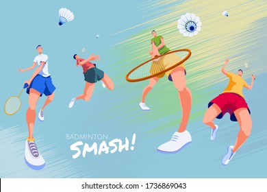 Badminton Promotion Poster, entworfen mit vier energetischen Spielern, die verschiedene Arten von Streiks auf abstraktem Hintergrund durchführen