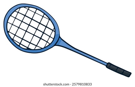 Badminton racket colored doodle vector illustration. Isolated on white background