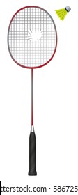 Badminton racket with cracked strung and shuttlecock isolated on white background