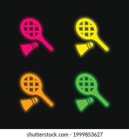 Badminton RAcket And Feather four color glowing neon vector icon