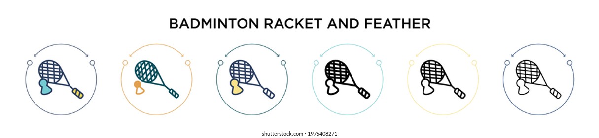 Badminton racket and feather icon in filled, thin line, outline and stroke style. Vector illustration of two colored and black badminton racket and feather vector icons designs can be used for
