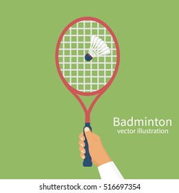 Badminton racket in hands player, hit the shuttlecock. Vector illustration flat design. Isolated on background. Sports games, leisure, fitness.