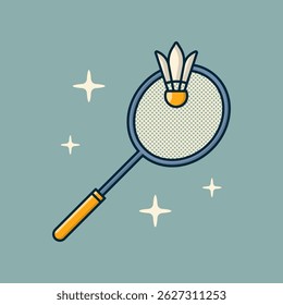 Badminton racket meets shuttlecock under starlight cartoon flat design illustration