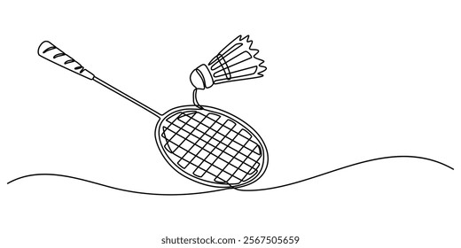 Badminton racket one line art. Continuous line drawing of badminton, string, sport, fitness, Badminton racket and  shuttlecock one line art. Continuous line drawing, leisure, professional, play. 