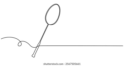 Badminton racket one line art. Continuous line drawing of badminton, string, sport, fitness, Badminton racket and  shuttlecock one line art. Continuous line drawing, leisure, professional, play. 