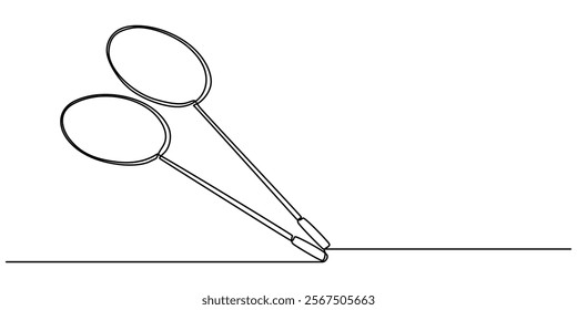 Badminton racket one line art. Continuous line drawing of badminton, string, sport, fitness, Badminton racket and  shuttlecock one line art. Continuous line drawing, leisure, professional, play. 