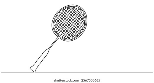 Badminton racket one line art. Continuous line drawing of badminton, string, sport, fitness, Badminton racket and  shuttlecock one line art. Continuous line drawing, leisure, professional, play. 