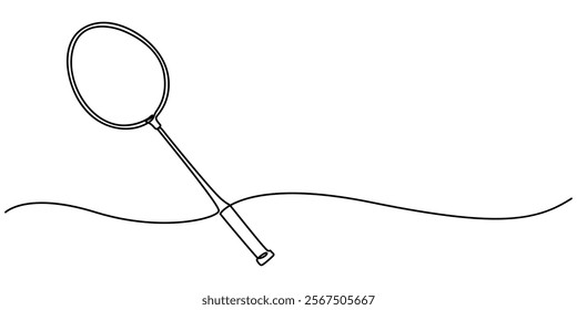 Badminton racket one line art. Continuous line drawing of badminton, string, sport, fitness, Badminton racket and  shuttlecock one line art. Continuous line drawing, leisure, professional, play. 