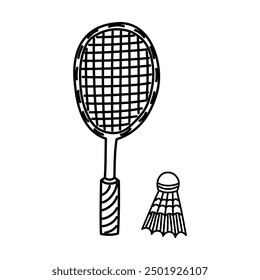 Badminton racket with shuttlecock hand drawn icon. Black outline of badminton equipment. Sports gear drawing.