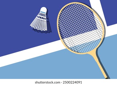 Badminton racket and shuttlecock lies on badminton court, view from above, sport poster, vector