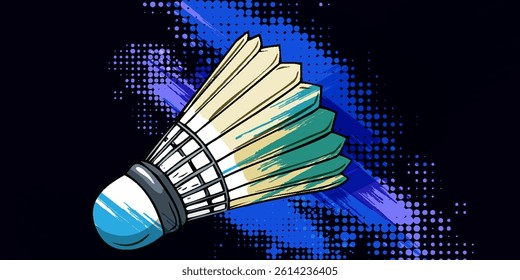 Badminton racket and shuttlecock lies on badminton court, view from above, sport poster, vector