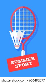Badminton racket and shuttlecock on blue background. Sport banner in flat style. Vector.