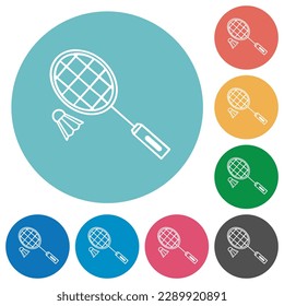 Raqueta de bádminton y contorno de bloqueo iconos blancos planos sobre fondo de color redondo