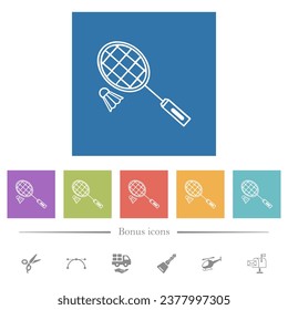 La raqueta de Badminton y el parachoques dibujan iconos blancos planos en los fondos cuadrados. 6 iconos de bonificación incluidos.