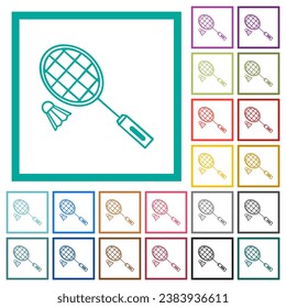 Raqueta de bádminton y contorno de bloqueo iconos de color plano con cuadros cuadrantes sobre fondo blanco