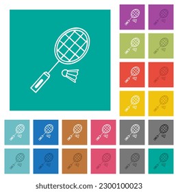 Badminton racket and shuttlecock outline multi colored flat icons on plain square backgrounds. Included white and darker icon variations for hover or active effects.