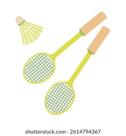 Badminton racket and shuttlecock. Sports equipment for badminton games. Flat cartoon vector illustration isolated on white background. Two tennis racket.