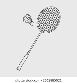 Raquete de Badminton e Shuttlecock. Ilustração de Linha Fina