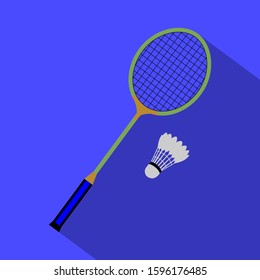 Badminton racket and shuttlecock, vector illustration on a blue background with a long shadow.