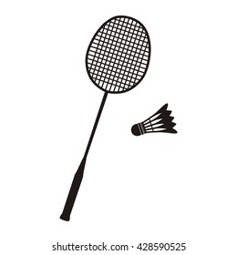 Badminton racket and shuttlecocks icon in black on white. Sport vector illustration