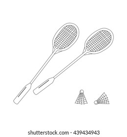 Badminton racket and shuttlecocks icon in black on white. Hand drawn illustration