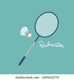 Badminton racket and shuttlecocks. Icon in flat design with shadow. Sport background. Vector illustration. Background for design of mobile, web app and printed materials