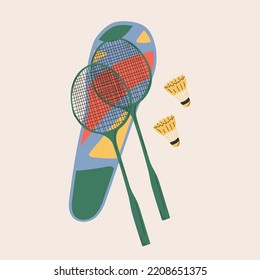 Raqueta de bádminton y lanzaderas sobre fondo blanco. Equipamientos para el deporte de bádminton. Ilustración del vector