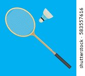 Badminton racket and white shuttlecock with black line. Vector illustration of equipments for badminton game sport isolated on background in flat design. Racket and shuttlecock