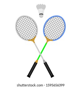 Badminton racket and white shuttlecock with black stripe. Vector illustration of sports equipment isolated on the background in a flat design.