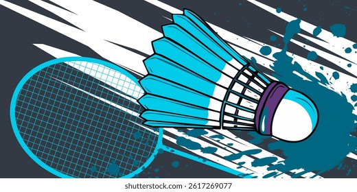 Badminton racket and white shuttlecock with black line. Vector illustration of equipments for badminton game sport isolated on background in flat design. Racket and shuttlecock