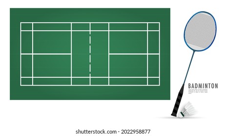 Badminton racket and white badminton shuttlecock with  badminton court indoor,  sports wallpaper with copy space  ,  illustration Vector EPS 10