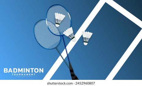 Badminton racket with white badminton shuttlecock n blue background ,vector sports illustration poster or banner style, illustration Vector EPS 10