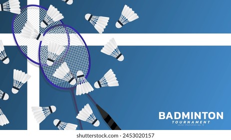 Badminton racket with white badminton shuttlecock n blue background ,vector sports illustration poster or banner style, illustration Vector EPS 10