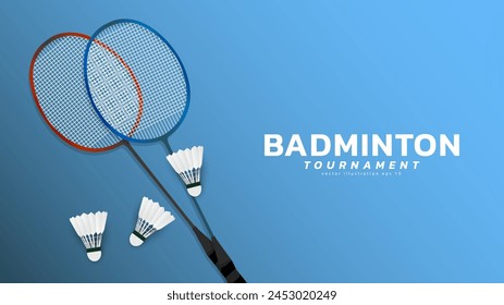 Badminton racket with white badminton shuttlecock n blue background ,vector sports illustration poster or banner style, illustration Vector EPS 10