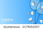 Badminton racket with white badminton shuttlecock on blue background badminton court indoor badminton sports wallpaper with copy space  ,  illustration Vector EPS 10