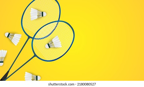 Badminton racket with white badminton shuttlecock on yellow  background badminton court indoor badminton sports wallpaper with copy space  ,  illustration Vector EPS 10