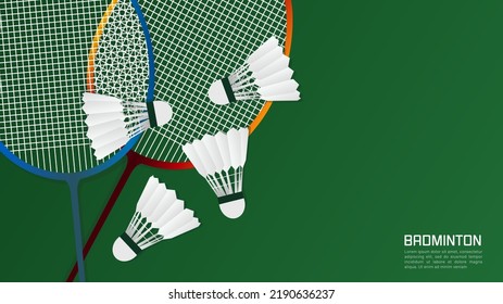 Badminton racket with white badminton shuttlecock on white line on green background badminton court indoor badminton sports wallpaper with copy space  ,  illustration Vector EPS 10