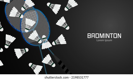 Raqueta de bádminton con el botón blanco del servicio de transporte de bádminton en negro   fondo badminton court cancha interior badminton material de fondo con espacio de copia , ilustración Vector EPS 10