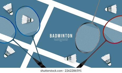 Badminton racket with white badminton shuttlecock on white line on blur background , badminton court indoor badminton sports wallpaper with copy space  ,  illustration Vector EPS 10
