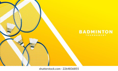 Badminton racket with white badminton shuttlecock on white line on yellow background ,Illustrations for use in online  badminton sporting events  ,  illustration Vector EPS 10