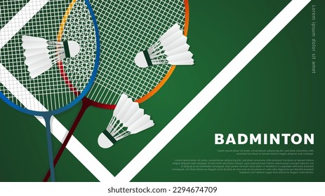 Badminton racket with white badminton shuttlecock on white line on green background badminton court indoor badminton sports wallpaper with copy space  ,  illustration Vector EPS 10