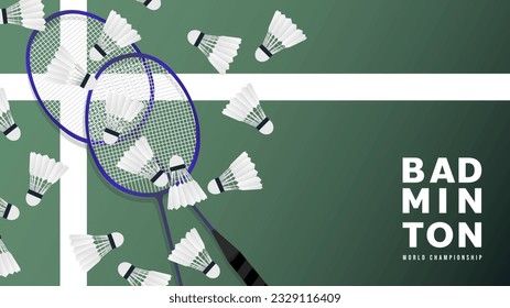 Badminton racket with white badminton shuttlecock on white line on green background badminton court indoor badminton sports wallpaper with copy space  ,  illustration Vector EPS 10
