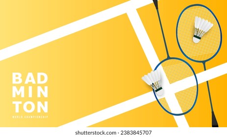 Badminton racket with white badminton shuttlecock on yellow background badminton court indoor, badminton sports wallpaper with copy space  ,  illustration Vector EPS 10