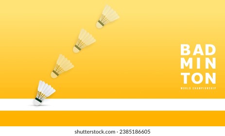 Badminton racket with white badminton shuttlecock on background badminton court indoor, badminton sports wallpaper with copy space  ,  illustration Vector EPS 10
