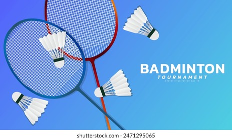 Badminton racket with white badminton shuttlecock on blue background badminton court indoor badminton sports wallpaper with copy space  ,  illustration Vector EPS 10