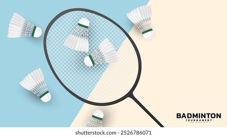 Badminton racket with white badminton shuttlecock on blue background ,vector sports illustration poster or banner style, illustration Vector EPS 10