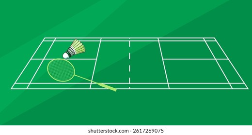 Badminton racket with white badminton shuttlecock on white line on green background badminton court indoor badminton sports wallpaper with copy space  ,  illustration Vector EPS 10