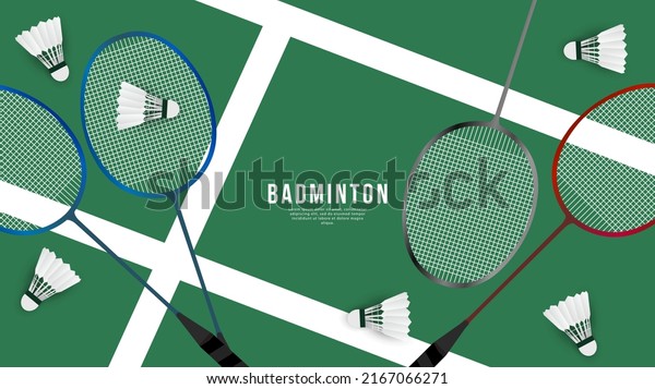 Badminton\
racket with white badminton shuttlecock on white line on green\
background badminton court indoor badminton sports wallpaper with\
copy space  ,  illustration Vector EPS\
10