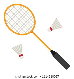 Badminton racket and white shuttlecocks on white background. Equipments for badminton game sport. Vector illustration